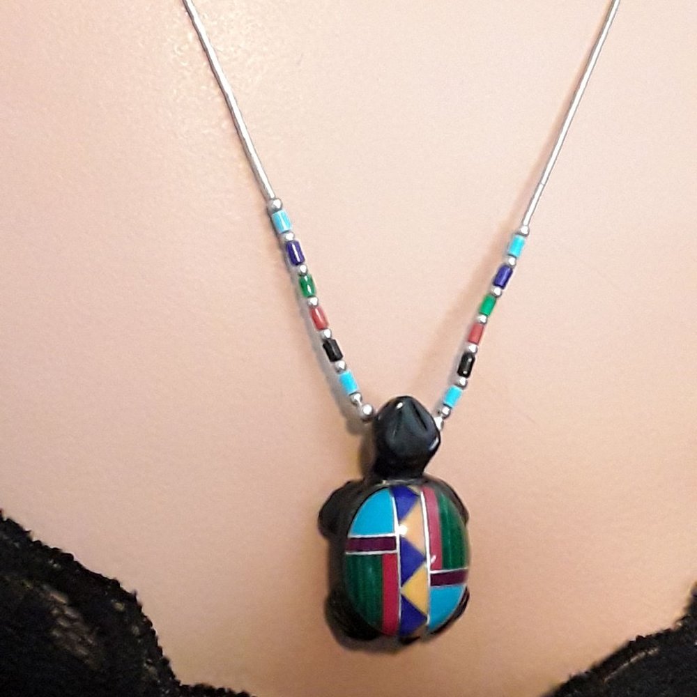 Native American Multi Gemstone Inlay Carved Turtle Pendant Necklace